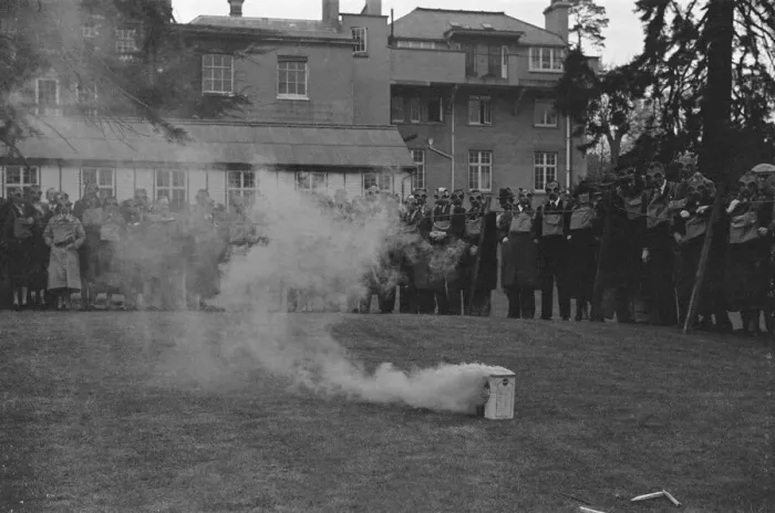 Framed Print : A. R. P. demonstration at Esher. Wardens wearing thir gas masks. April 1938 Framed Print : A. R. P. demonstration at Esher. Wardens wearing thir gas masks. April 1938