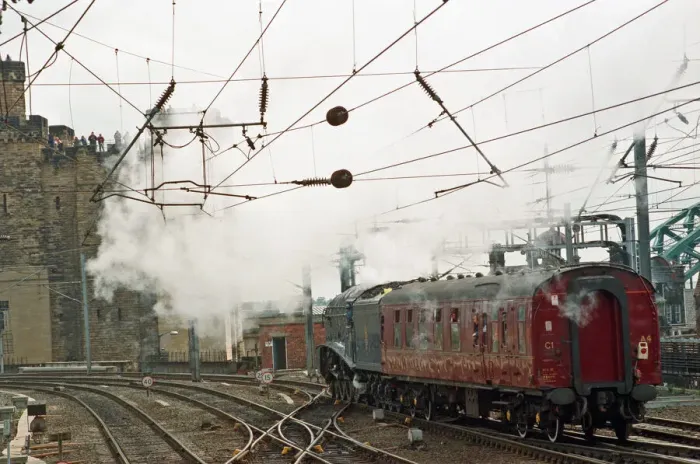 Framed Print : The A4 locomotive Sir Nigel Gresley sets off from Newcastle Central Station bound for Framed Print : The A4 locomotive Sir Nigel Gresley sets off from Newcastle Central Station bound for