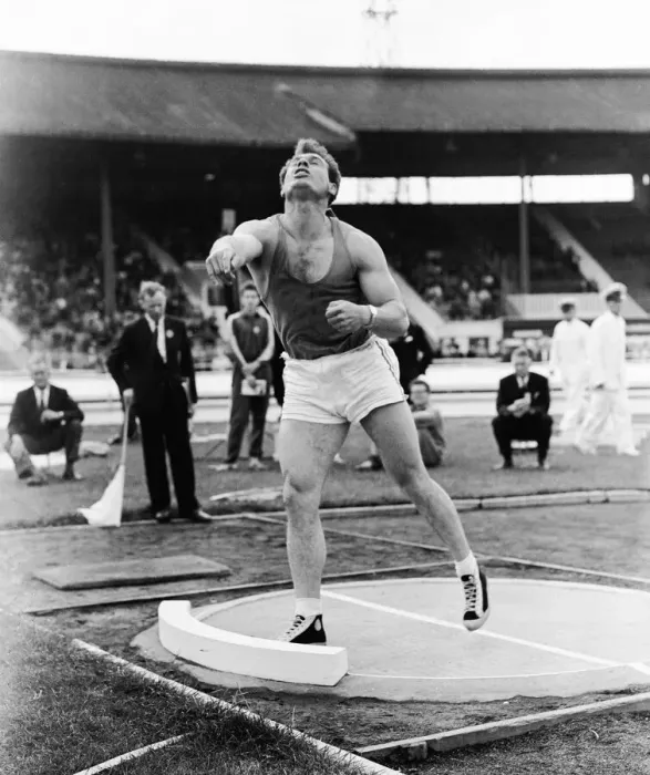 Framed Print : aA Athletics meeting at White City. Arthur Rowe in action during the shotput event Framed Print : aA Athletics meeting at White City. Arthur Rowe in action during the shotput event