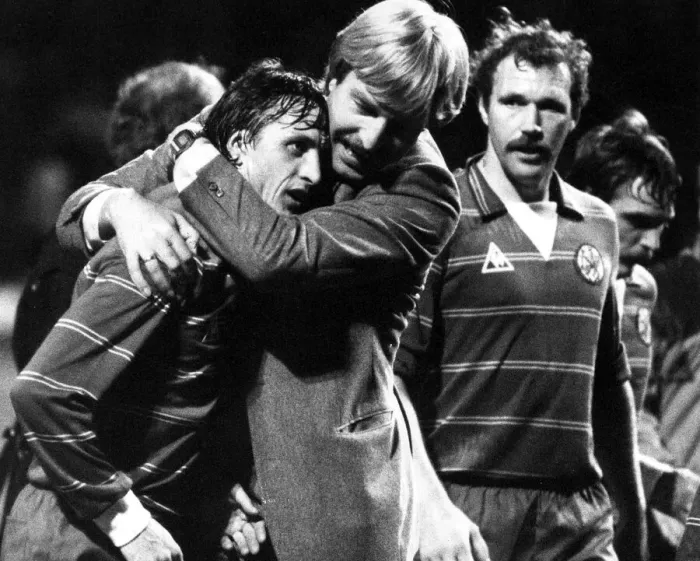 Framed Print : Aad de Mos celebrating goal with Johan Cruyff September 1982 Framed Print : Aad de Mos celebrating goal with Johan Cruyff September 1982