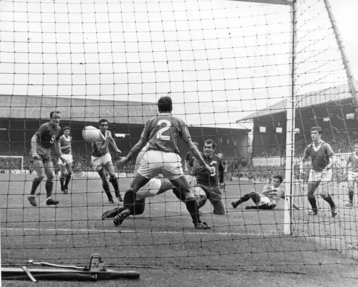Framed Print : Aberdeen v. Rangers. Jim Storrie (2nd right) gets the goal that gives them a point