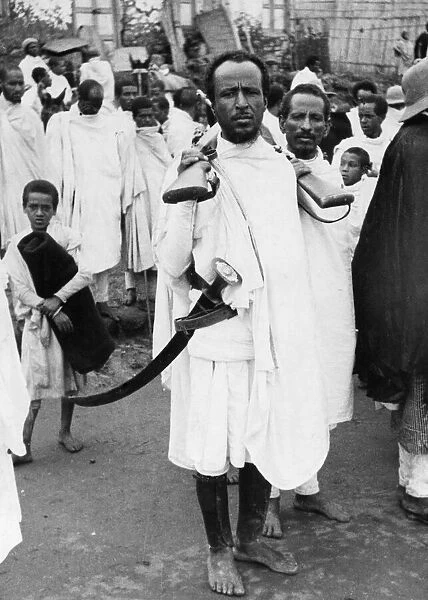 Abyssinian War September 1935. Tribesmen arriving in Addis Ababa to pledge there