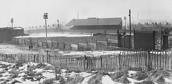 Accrington Stanley Football Ground in the snow deserted following the collapse of