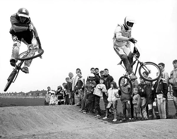 Action from BMX meeting at Cleveland BMX Club, Redcar racecourse, 14th February 1988