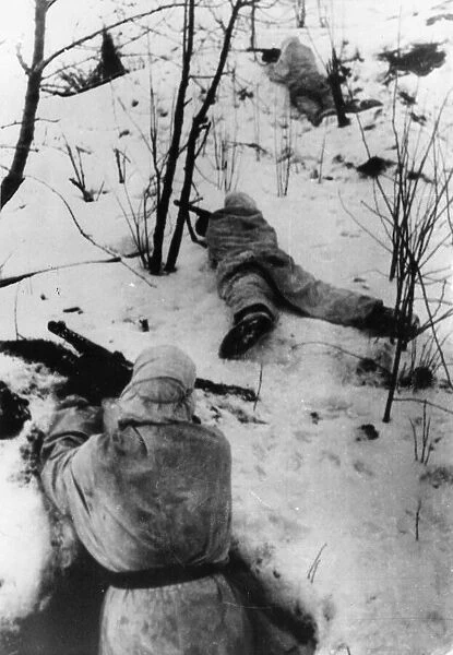 Action on General Vatutins Front. Red Army tommy gunners in white winter