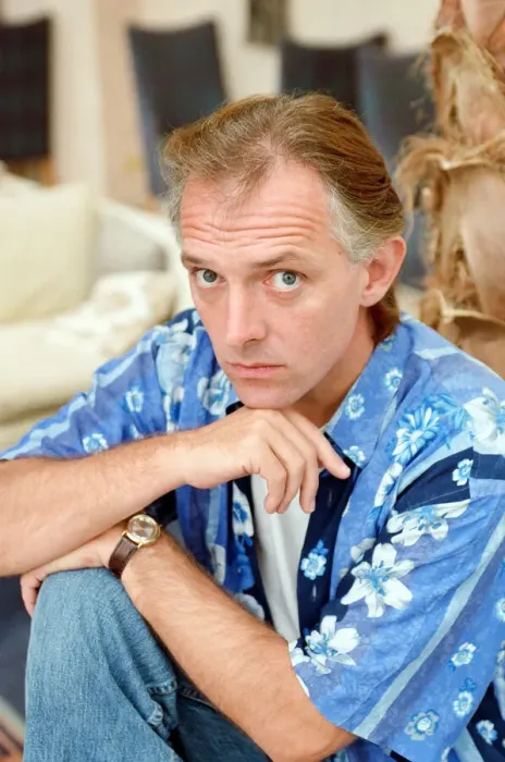Framed Print : Actor and comedian, Rik Mayall, pictured at home four months after his horrific quad bike