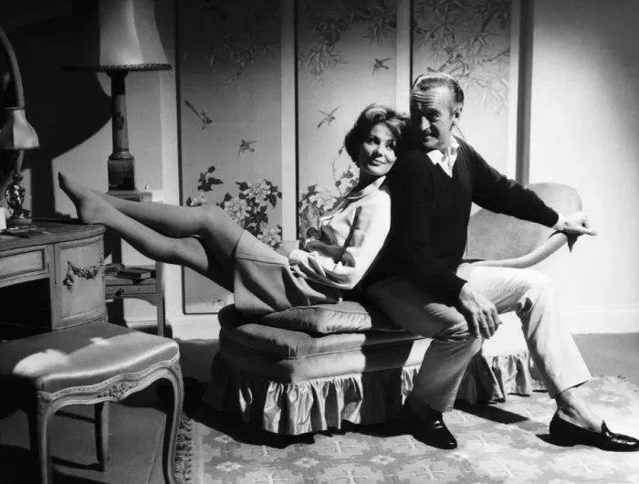 Framed Print : Actor David Niven rehearses with fellow actress Irina Demick for a film at Pinewood