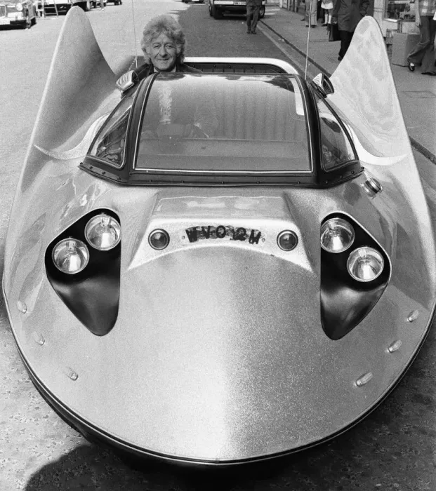 Framed Print : Actor Jon Pertwee, Dr Who in the TV series, has had a flying saucer style car made for Framed Print : Actor Jon Pertwee, Dr Who in the TV series, has had a flying saucer style car made for