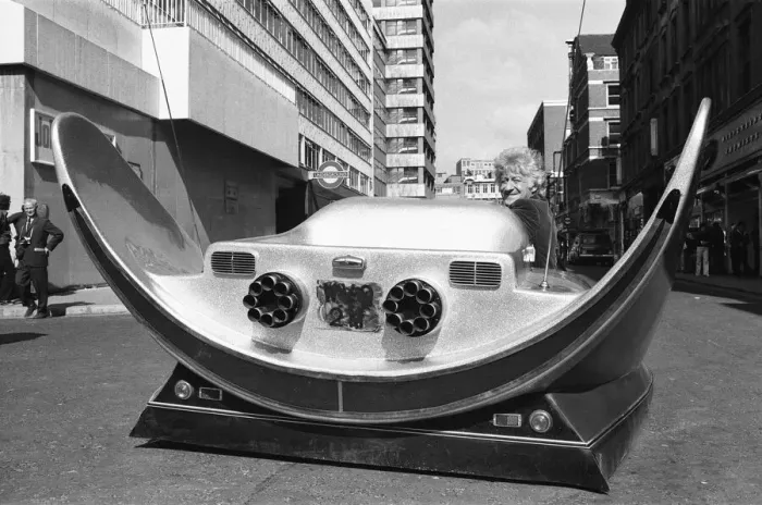 Framed Print : Actor Jon Pertwee, Dr Who in the TV series, has had a flying saucer style car made for