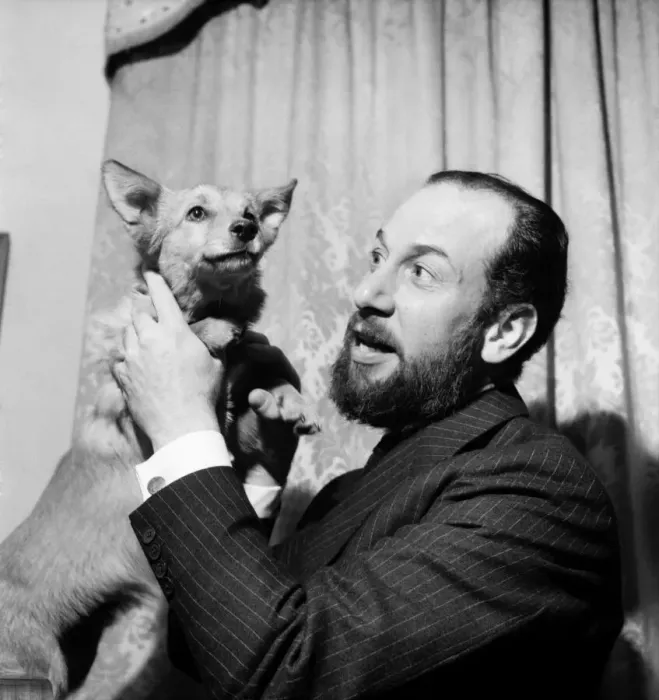 Framed Print : Actor Jose Ferrer and Corgi. August 1952 C4239-001 Framed Print : Actor Jose Ferrer and Corgi. August 1952 C4239-001