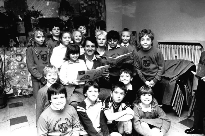 Framed Print : Actor Michael Palin pays a surprise visit to Monkhouse Primary School in North Shields to Framed Print : Actor Michael Palin pays a surprise visit to Monkhouse Primary School in North Shields to
