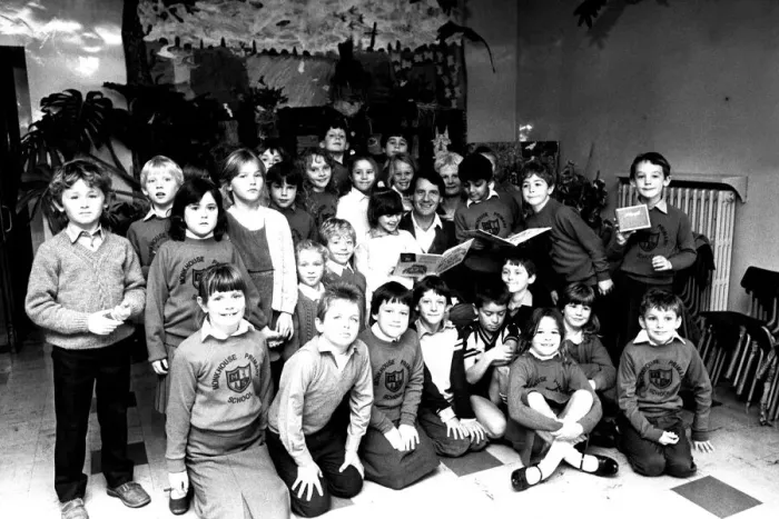 Framed Print : Actor Michael Palin pays a surprise visit to Monkhouse Primary School in North Shields to Framed Print : Actor Michael Palin pays a surprise visit to Monkhouse Primary School in North Shields to