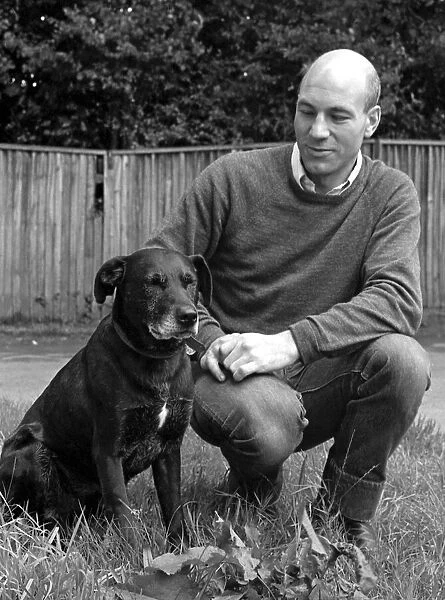 Actor, Patrick stewart with former stray dog Crab who became a star in a production at