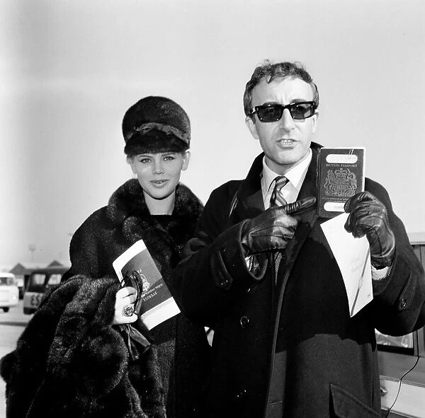 Actor Peter Sellers at London Airport with his wife Britt Ekland