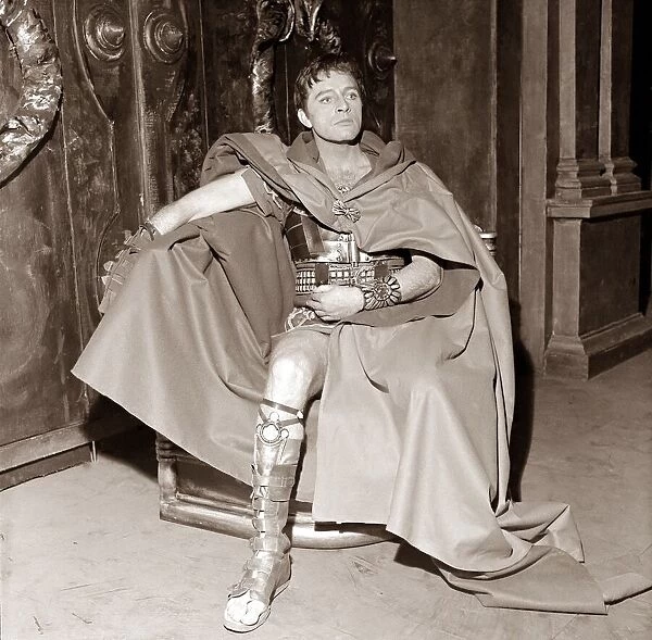 Actor Richard Burton on stage in costume as Coriolanus. Rehearsal at the Old Vic