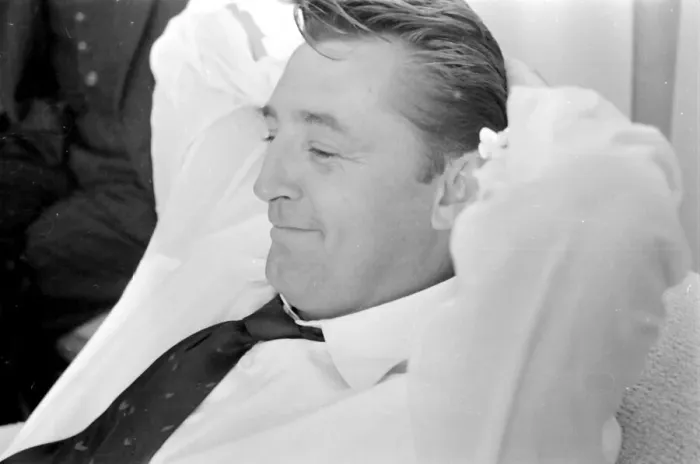 Framed Print : Actor Robert Mitchum during a press interview in London. July 1955