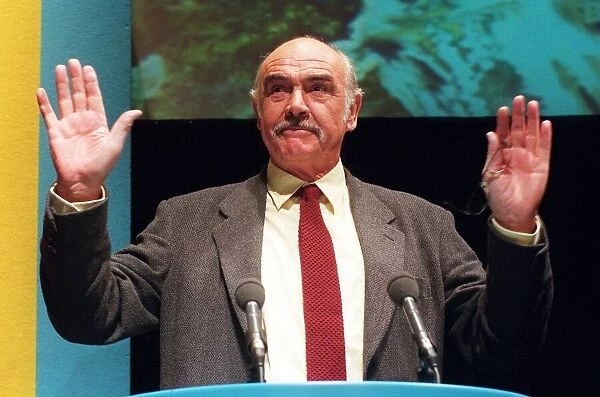 Actor Sean Connery April 1999 takes to the stage at the SNP rally