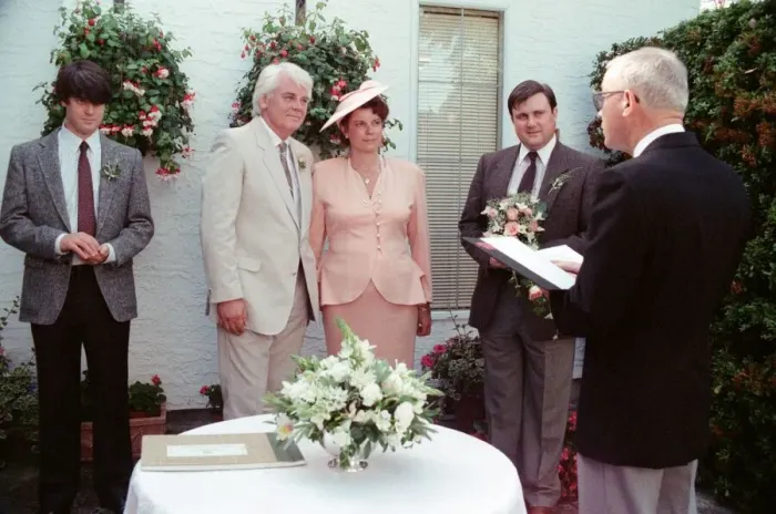 Framed Print : Actor Tony Booth and Nancy Jaeger at their wedding in the Jaeger family