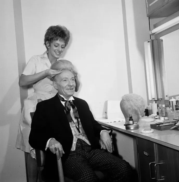 Framed Print : Actor William Hartnell - the first Doctor - pictured in dressing room as mke up artist