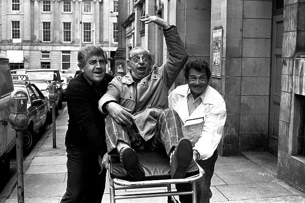 Actors Peter Baldwin, Ben Warriss and David Ross outside the Theatre Royal