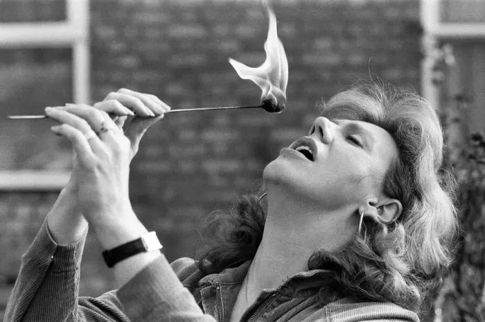 Framed Print : Actress Anna Karen practising her fire-eating act at her home in Ilford, Essex Framed Print : Actress Anna Karen practising her fire-eating act at her home in Ilford, Essex