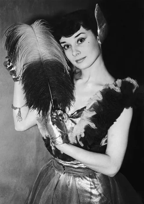 Framed Print : Actress Audrey Hepburn wearing a billowing net dress with ostrich plume during a preview