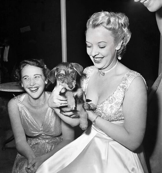 Actress Joy Nichols holding a small dog at a dinner party. July 1952 C3475-001