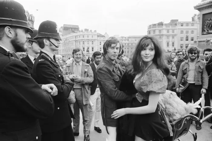 Framed Print : Actress and former model Madeline Smith was forcibly moved on by the law in company with Framed Print : Actress and former model Madeline Smith was forcibly moved on by the law in company with