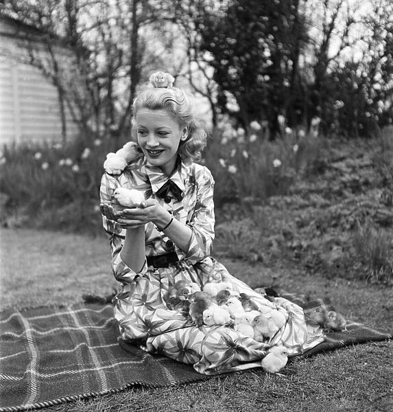 Actress Pat Dainton with Easter Chicks. April 1950 O23473-005