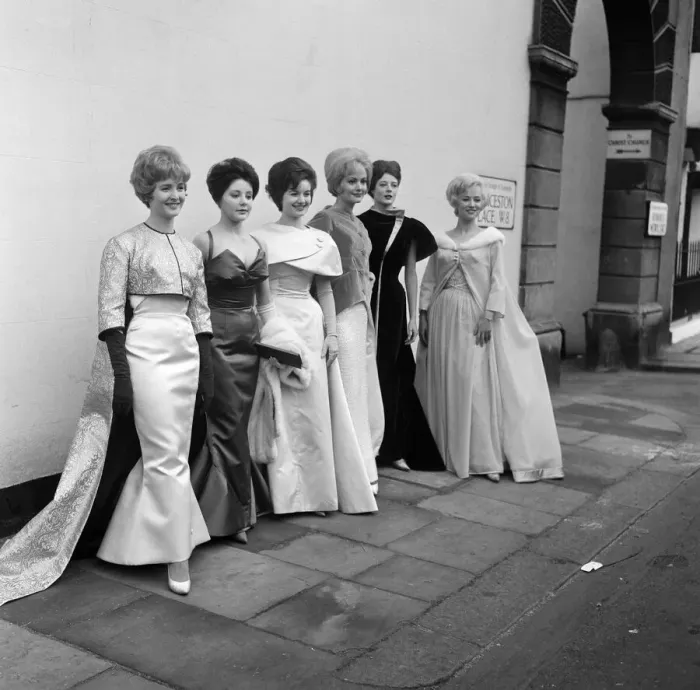 Framed Print : Six actresses line up at Cornwall Gardens, Kensington for a fitting and a photo call