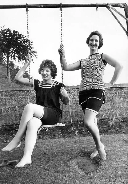 Two actresses wearing 1920s swimming costumes