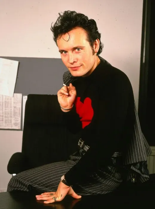 Framed Print : Adam Ant pop singer January 1990 Sittingon desk black jumper red heart striped Framed Print : Adam Ant pop singer January 1990 Sittingon desk black jumper red heart striped