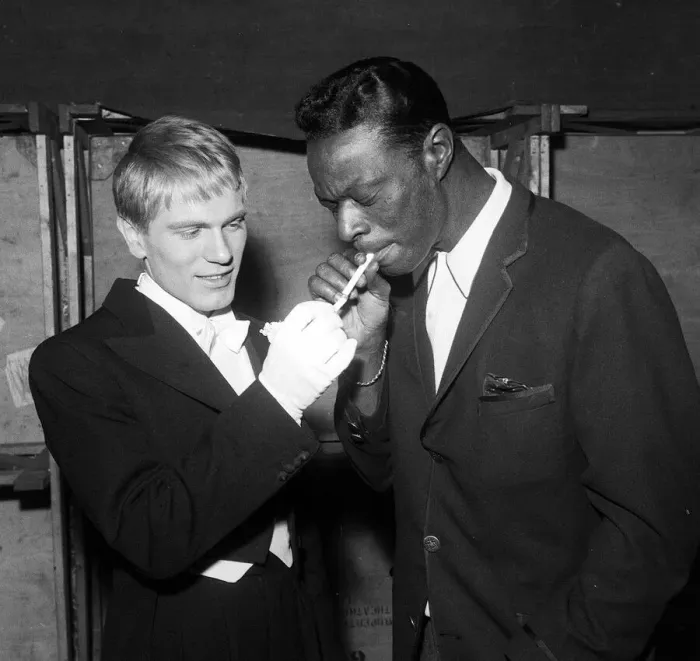 Framed Print : Adam Faith with Nat King Cole taking a break from rehearsing for the Royal Variety Framed Print : Adam Faith with Nat King Cole taking a break from rehearsing for the Royal Variety