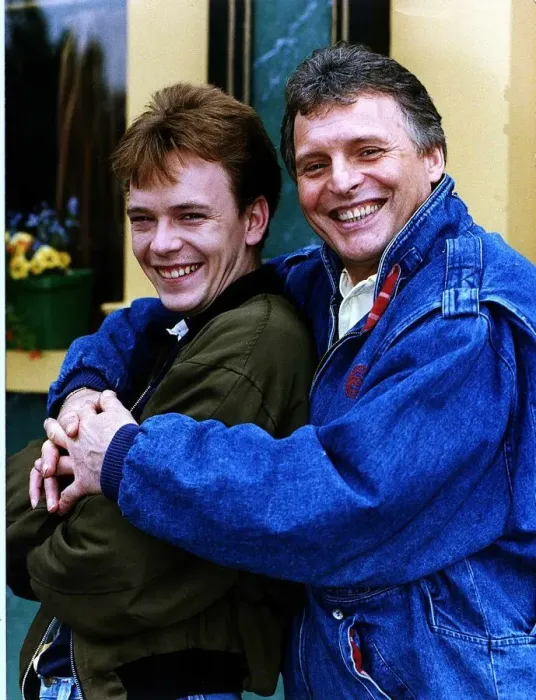 Framed Print : Adam Woodyatt who stars in Eastenders as Ian Beale, poses with Peter Deane who plays his