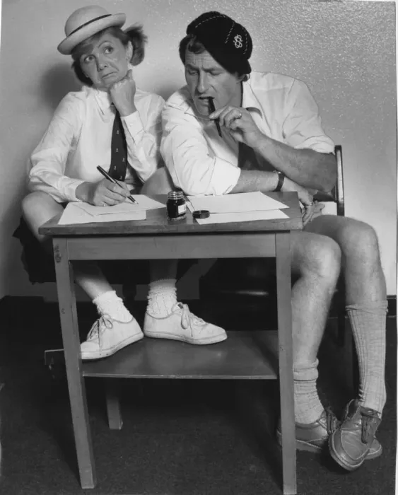 Framed Print : Two adults seen here dressed as school children for O Level feature. 22nd August 1954 Framed Print : Two adults seen here dressed as school children for O Level feature. 22nd August 1954