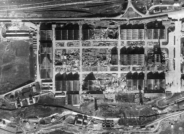 Aerial photograph showing extensive damage to the Gnome Le Rhone aero-engine works at