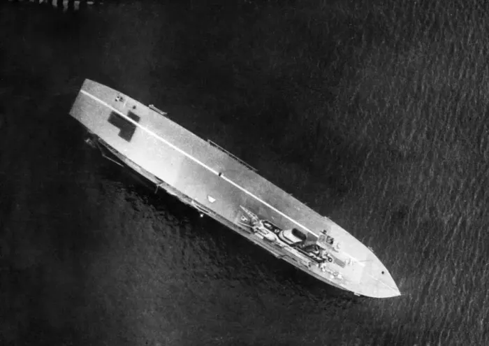 Framed Print : Aerial picture taken at Scapa of secret Fleet tenders - merchant ships camouflaged with Framed Print : Aerial picture taken at Scapa of secret Fleet tenders - merchant ships camouflaged with