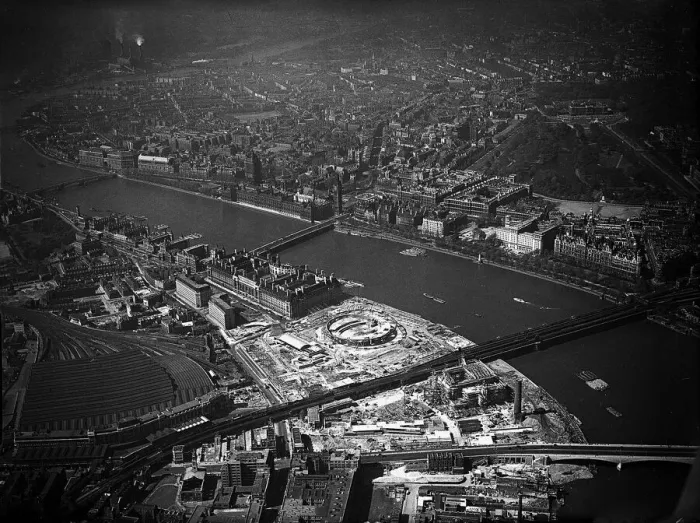 Framed Print : Aerial view of the 1951 Festival of Britain site. May 1951 Framed Print : Aerial view of the 1951 Festival of Britain site. May 1951
