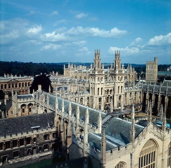 An aerial view of All Souls College in Oxford, 1973