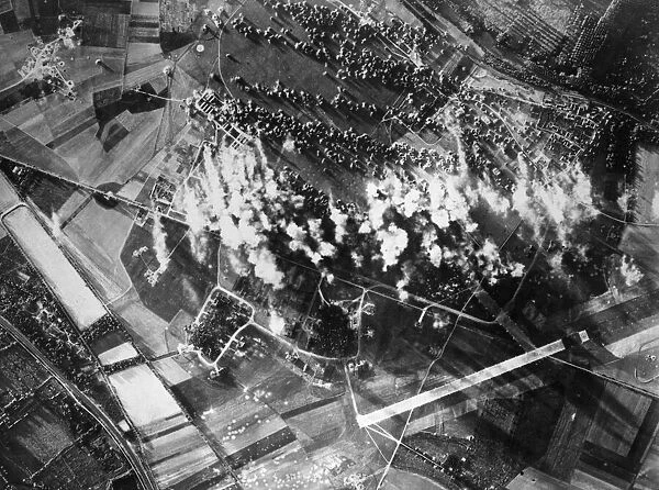 Aerial view of B17 Flying Fortress bombers of the US 8th Air Force plastering another