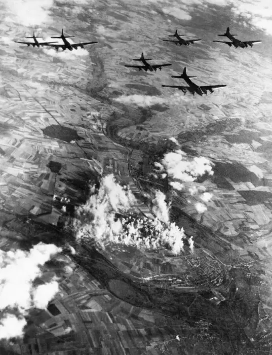 Framed Print : Aerial view of B17 Fortress bombers of the US 8th Air Force plastering another Nazi Framed Print : Aerial view of B17 Fortress bombers of the US 8th Air Force plastering another Nazi
