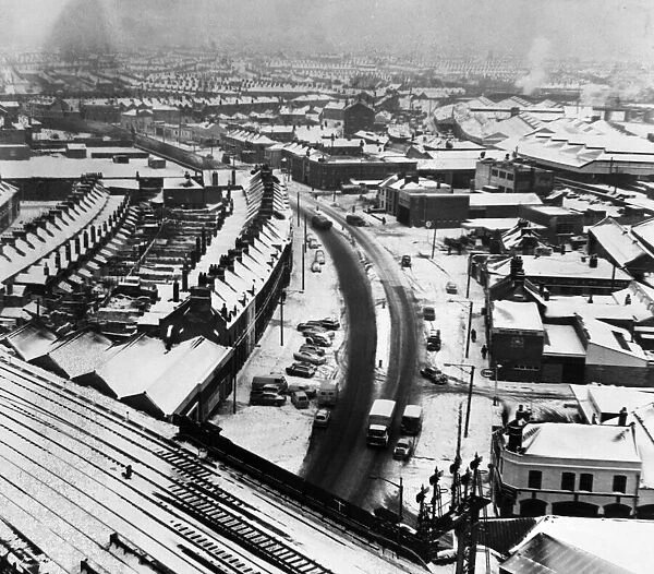 Aerial view of Cardiff in the snow taken from the top of the newGas Showroom building in