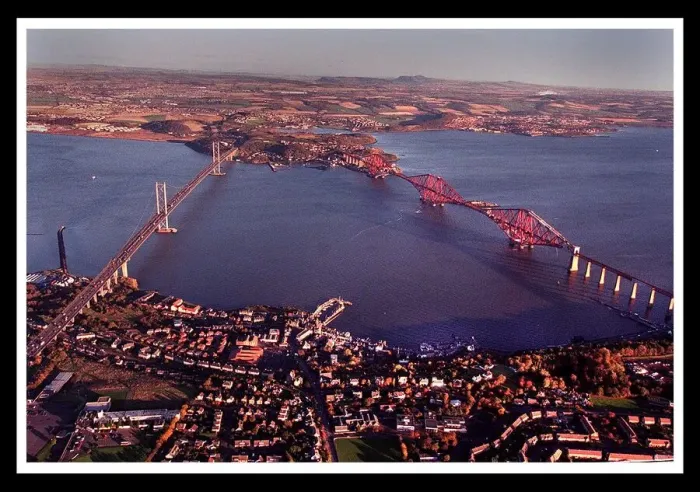 Framed Print : Aerial view of Edinburgh showing Forth rail road bridge November 1998 Framed Print : Aerial view of Edinburgh showing Forth rail road bridge November 1998