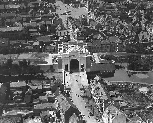 Aerial view of the Menin Gate Memorial, Ypres, Belgium. Circa 1920s *** Local Caption