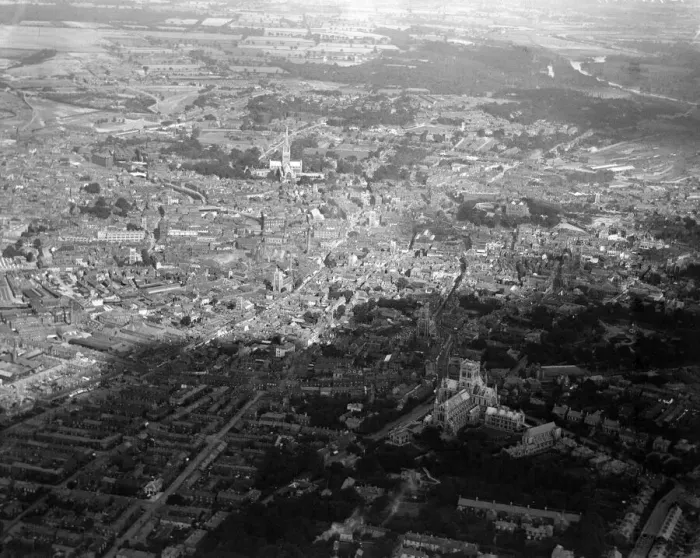 Framed Print : Aerial view of Norwich Cathedral, Norfolk. Circa 1930 Framed Print : Aerial view of Norwich Cathedral, Norfolk. Circa 1930