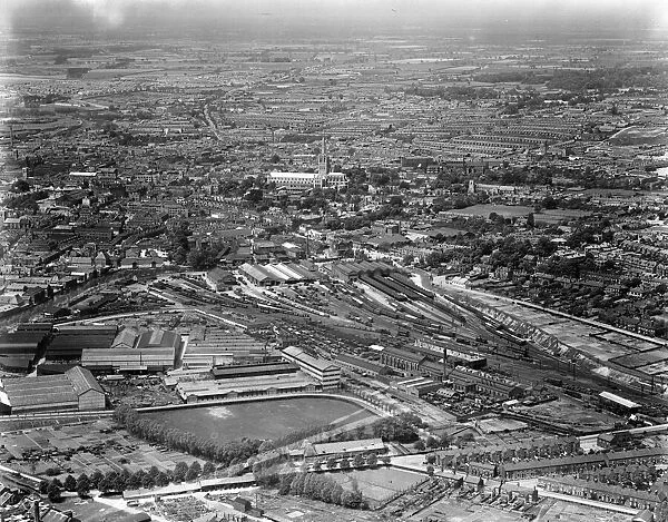 Aerial view of Norwich Cathedral and the railway marshalling yards Norfolk. Circa 1930