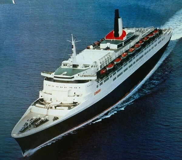 An aerial view of the QE2 ship at sea April 1994