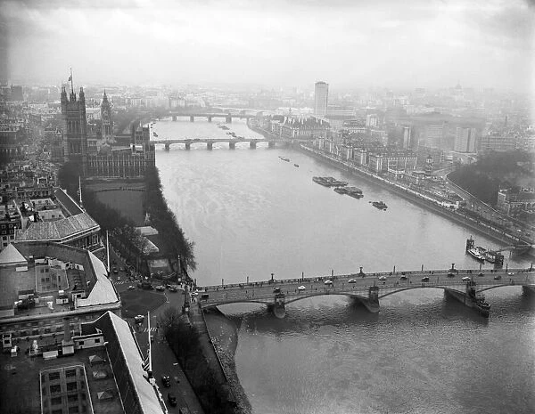 An aerial view of the River Thames at Westminster. 27th January 1965