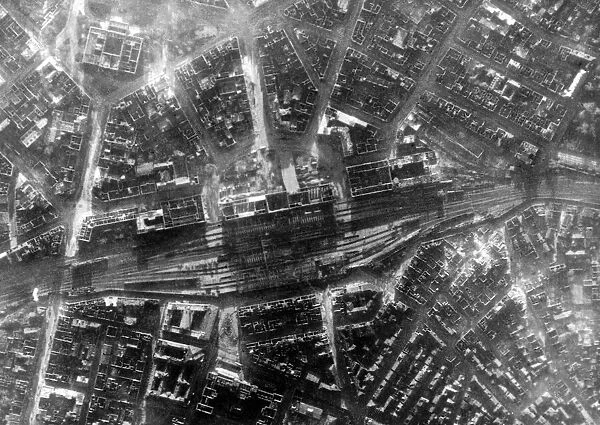 An aerial view showing the bomb damage in the German city of Hanover after an RAF bombing