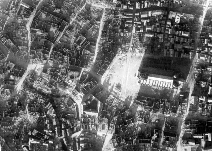 Framed Print : An aerial view showing the bomb damage in the German city of Ulm after an RAF bombing